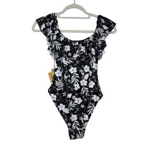 NWT Cabana del Sol Black/White One Piece Swim Suit Sz. S Off the Shoulder Ruffle